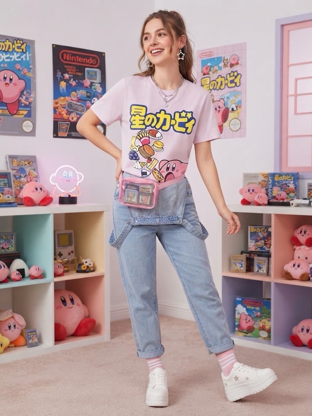 Kirby Anime Japanese Kanji Pink Graphic Short Sleeve T-Shirt Size Medium